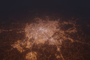 Aerial shot of Curitiba (Brazil) at night, view from south. Imitation of satellite view on modern city with street lights and glow effect. 3d render