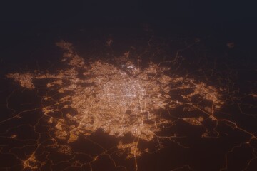 Aerial shot of Goiania (Brazil) at night, view from south. Imitation of satellite view on modern city with street lights and glow effect. 3d render