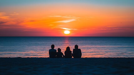 Fototapeta premium Happy family silhouette, Happy family walk on the beach at sunset.