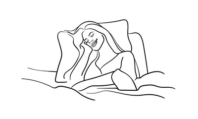 Happy morning in bed continuous line art drawing isolated on white background. Happy lady relax line art. Vector illustration