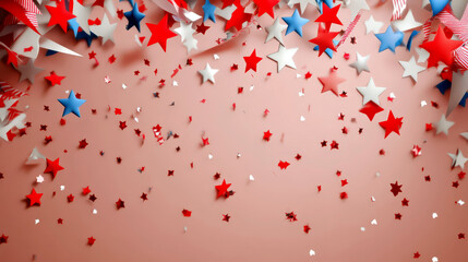 Tunisian independence day celebration with red, white, and blue star confetti design for festive decor. Horizontal banner. Copy space. Holiday background with red. white, blue stars