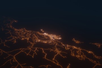 Aerial shot of Dubrovnik (Croatia) at night, view from north. Imitation of satellite view on modern city with street lights and glow effect. 3d render