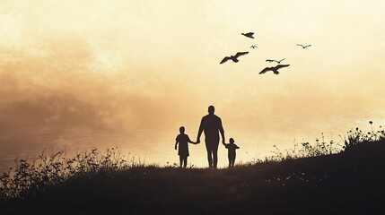 Fototapeta premium Happy family silhouette, Happy family walk on the beach at sunset.