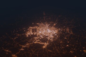 Aerial shot of Erbil (Iraq) at night, view from north. Imitation of satellite view on modern city with street lights and glow effect. 3d render