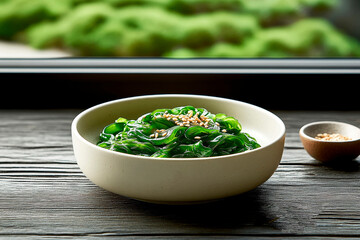 Fresh Seaweed Salad with Sesame Seeds and Scallions in Rustic Bowl
