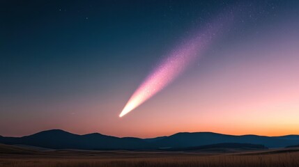 A stunning comet streaks across a twilight sky, casting a colorful glow over mountains and fields in a serene landscape.