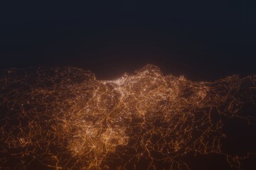 Aerial shot of Trondheim (Norway) at night, view from south. Imitation of satellite view on modern city with street lights and glow effect. 3d render