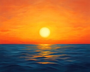Fototapeta premium A vibrant sunset over the ocean, with striking hues of orange and yellow reflecting on shimmering water.