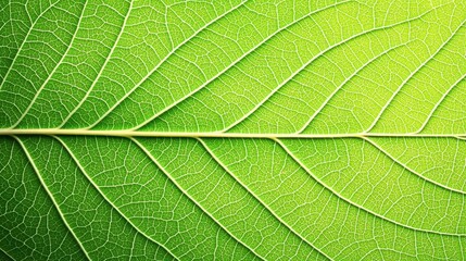 A close-up image of a vibrant green leaf showcasing its intricate veins and texture against a bright background.