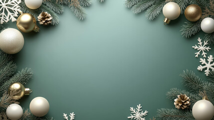 Holiday ornament frame with baubles and snowflakes  vector illustration