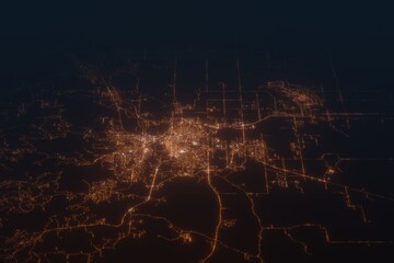 Aerial shot of Rapid City (South Dakota, USA) at night, view from south. Imitation of satellite view on modern city with street lights and glow effect. 3d render