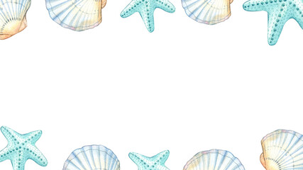 Frame of seashells and starfish in a seaside concept.
