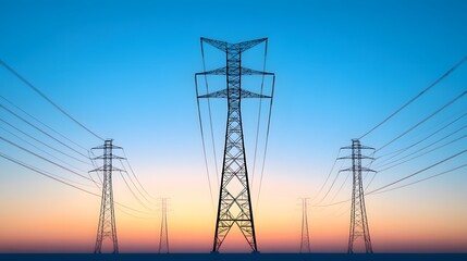 Power lines and power poles silhouetted against a vibrant sunset &ndash; Representing energy infrastructure, technology, and the beauty of industrial landscapes