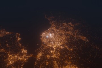 Fototapeta premium Aerial shot on Edinburgh (United Kingdom) at night, view from west. Imitation of satellite view on modern city with street lights and glow effect. 3d render