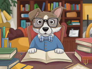 Illustration of a dog wearing glasses and a bow tie, sitting at a desk with a notebook. 