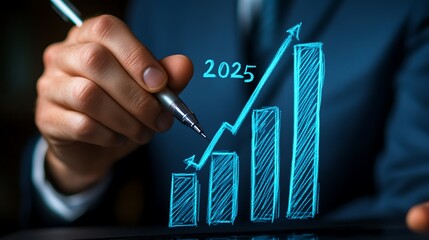 Business professional in a blue suit is drawing graph bar