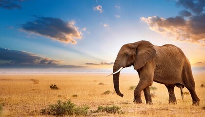 Fototapeta premium Giant African elephant (Loxodonta africana) walking on savannah background 