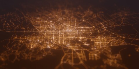 Street lights map of Changchun (China) with tilt-shift effect, view from east. Imitation of macro shot with blurred background. 3d render, selective focus