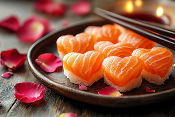 Heart-Shaped Salmon Sushi with Candlelit Ambiance for Valentine?s.Valentine?s Day celebration or a romantic dinner.