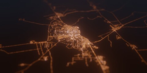 Street lights map of Pavlodar (Kazakhstan) with tilt-shift effect, view from north. Imitation of macro shot with blurred background. 3d render, selective focus