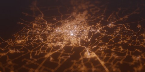 Street lights map of Samarqand (Uzbekistan) with tilt-shift effect, view from east. Imitation of macro shot with blurred background. 3d render, selective focus