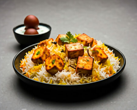 Indian spisy food Paneer Tikka biryani with raita and gulab jamun ramdan food on grey background