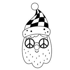Black and white retro groovy Santa Claus clipart. Santa doodle. Cute Christmas character. Hand draw vector illustration in flat style