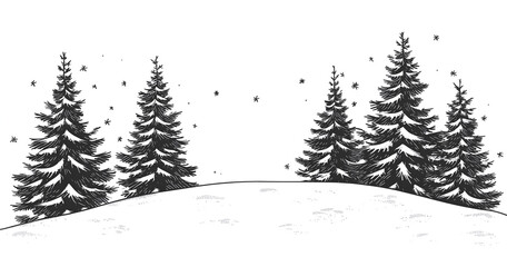 Fototapeta premium Black and white pencil drawing of snow-covered pine trees on a snowy landscape on white background
