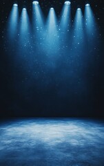 Fototapeta premium A dimly lit stage illuminated by blue lights, creating a dramatic atmosphere with a subtle shimmer in the air.