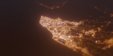 Street lights map of Salvador (Brazil) with tilt-shift effect, view from east. Imitation of macro shot with blurred background. 3d render, selective focus