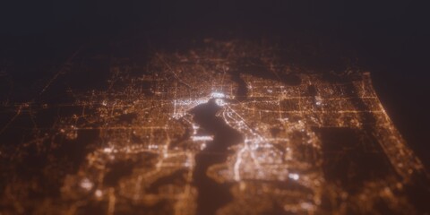Street lights map of Jacksonville (Florida, USA) with tilt-shift effect, view from south. Imitation of macro shot with blurred background. 3d render, selective focus