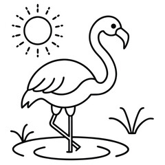 Flamingo wading in a pond with the sun shining line art. vector illustration