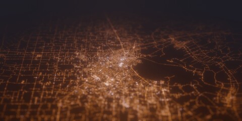 Street lights map of Lafayette (Louisiana, USA) with tilt-shift effect, view from south. Imitation of macro shot with blurred background. 3d render, selective focus