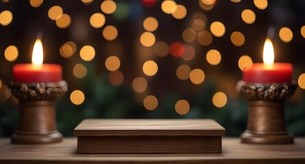 festive empty podium amidst christmas decorations blurred bokeh background