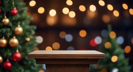 festive empty podium amidst christmas decorations blurred bokeh background