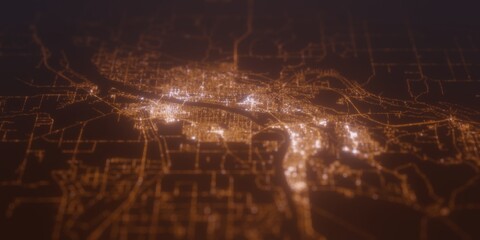 Street lights map of Kennewick (Washington, USA) with tilt-shift effect, view from north. Imitation of macro shot with blurred background. 3d render, selective focus