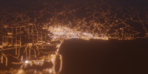 Street lights map of Bujumbura (Burundi) with tilt-shift effect, view from west. Imitation of macro shot with blurred background. 3d render, selective focus