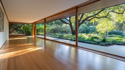 Fototapeta premium Modern interior with floor-to-ceiling windows overlooking a lush garden, AI