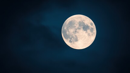 Fototapeta premium A full moon illuminated against a dark blue sky, showcasing its craters and surface details, creating a serene nightscape.