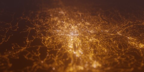 Street lights map of Innsbruck (Austria) with tilt-shift effect, view from west. Imitation of macro shot with blurred background. 3d render, selective focus