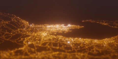 Street lights map of Split (Croatia) with tilt-shift effect, view from north. Imitation of macro shot with blurred background. 3d render, selective focus