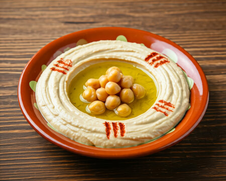 Fattet Hummus with chick peas served in dish on wooden table middle eastern food