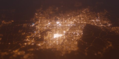 Street lights map of Tucson (Arizona, USA) with tilt-shift effect, view from east. Imitation of macro shot with blurred background. 3d render, selective focus