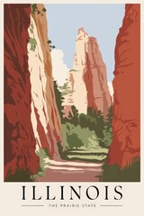 Vintage Travel Poster of Illinois: A Scenic Landscape Featuring Majestic Rock Formations and Lush Greenery, Capturing the Beauty of the Prairie State