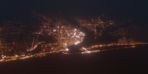 Street lights map of Pensacola (Florida, USA) with tilt-shift effect, view from south. Imitation of macro shot with blurred background. 3d render, selective focus