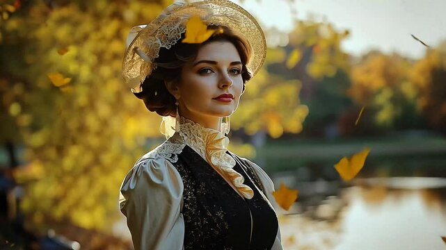 Historical a woman in 1800s attire, embodying distinct style of the period with graceful silhouettes, capturing essence of tradition, social norms, aesthetics from the 19th century.