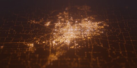 Street lights map of Springfield (Illinois, USA) with tilt-shift effect, view from north. Imitation of macro shot with blurred background. 3d render, selective focus