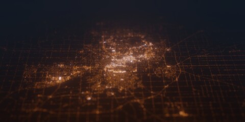 Street lights map of Fort Wayne (Indiana, USA) with tilt-shift effect, view from south. Imitation of macro shot with blurred background. 3d render, selective focus