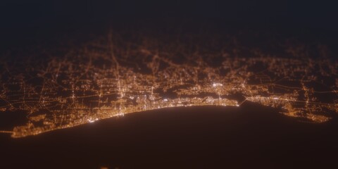 Street lights map of Biloxi (Mississippi, USA) with tilt-shift effect, view from south. Imitation of macro shot with blurred background. 3d render, selective focus