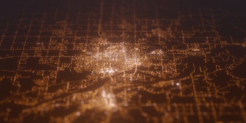 Street lights map of Bismarck (North Dakota, USA) with tilt-shift effect, view from west. Imitation of macro shot with blurred background. 3d render, selective focus